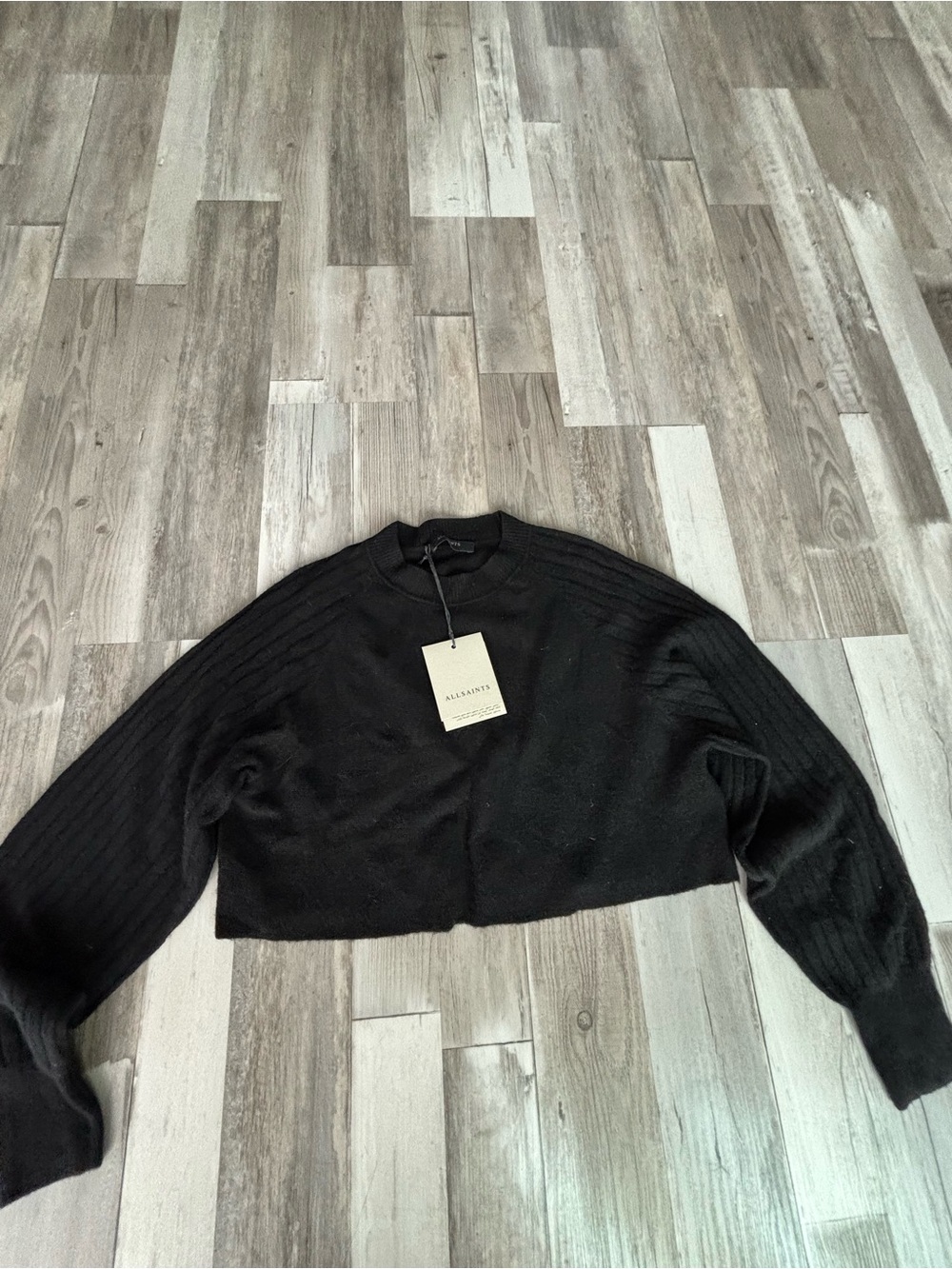 All Saints Black Cropped Rib-Knit Crew Sweater